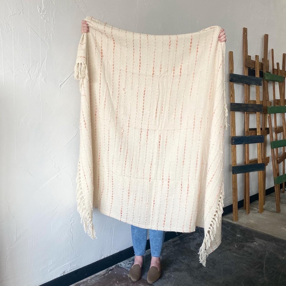 NEW Cream Stripe Peach Woven Cotton Fringe Throw Blanket Creamsicle Tassel Ombre